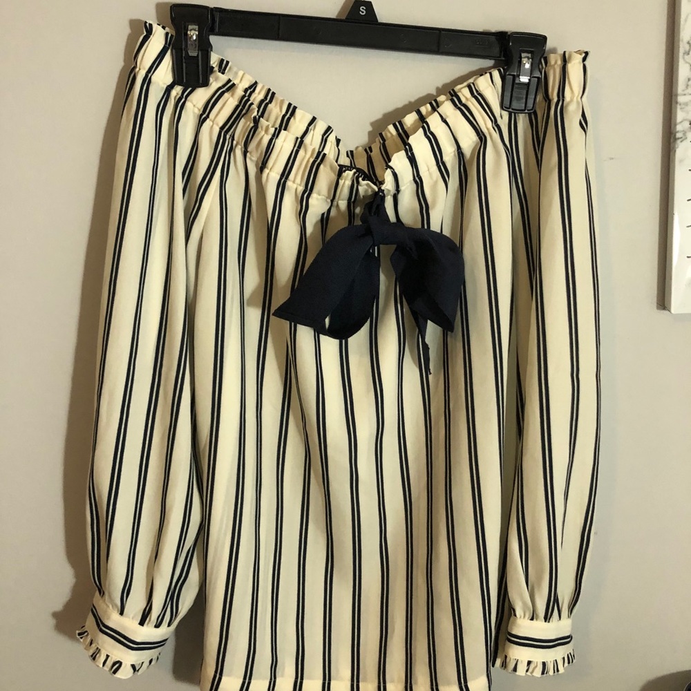 Blue and off-white off the shoulder top